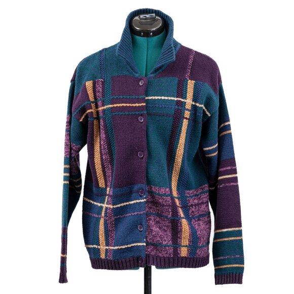 Vintage 90s Hand Knit Purple and Blue Long Sleeve Sweater Cardigan - Picture 1 of 3